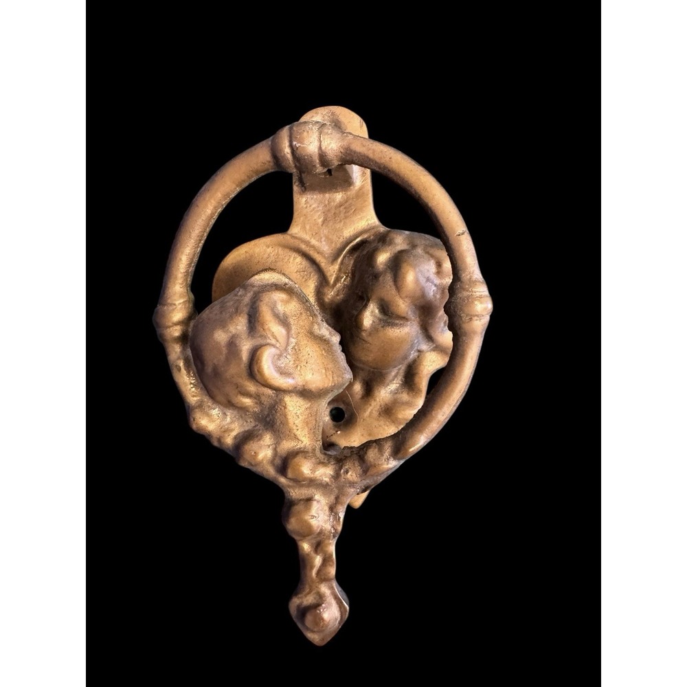 VTG Antique Solid Brass Cherub Door Knocker Art Nouveau Romeo Juliet 5.1/4''X3''